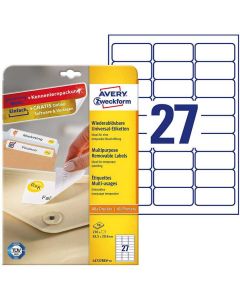 Photo Étiquettes amovibles blanches 63,5 x 29,6 mm AVERY L4737REV-10