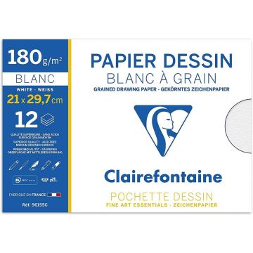 12 feuilles de papier dessin à grain 180 g/m² - 210 x 297 mm - Blanc : CLAIREFONTAINE Photo