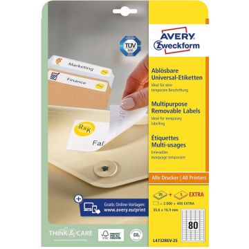 Étiquettes amovibles - Blanc - 35,6 x 16,9 mm AVERY Ecologique Lot de 2400