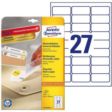 Photo Étiquettes amovibles blanches 63,5 x 29,6 mm AVERY L4737REV-10