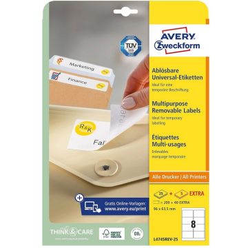 Étiquettes amovibles - Blanc - 96,0 x 63,5 mm AVERY Ecologique Lot de 240