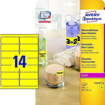 Étiquettes amovibles - Jaune fluo - 99,1 x 38,1 mm : AVERY Lot de 350 Visuel