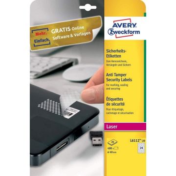 Etiquettes de sécurité adhésives rondes en film plastifié - 40 mm - Blanc : AVERY Lot de 480 Visuel