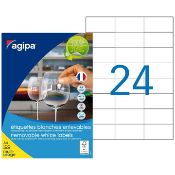 Image Etiquettes adhésives amovibles - 70 x 37 mm - Blanc AGIPA