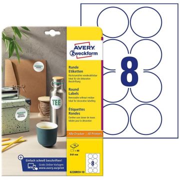 Photo Étiquettes adhésives amovibles - Diamètre 69 mm - Blanc AVERY