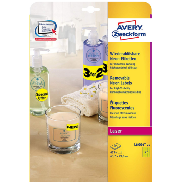 Photo Étiquettes amovibles - Jaune fluorescent - 63,5 x 29,6 mm AVERY L600425