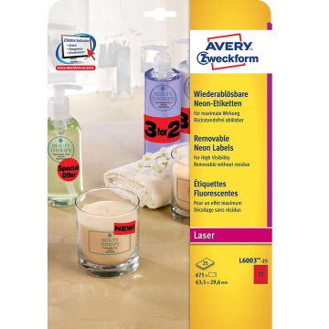 Photo Étiquettes amovibles - Rouge fluorescent - 63,5 x 29,6 mm AVERY L600325 