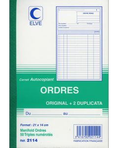 CARNET D'ORDRES : Carnet autocopiant Tripli - 210 x 140 mm 2114 Elve
