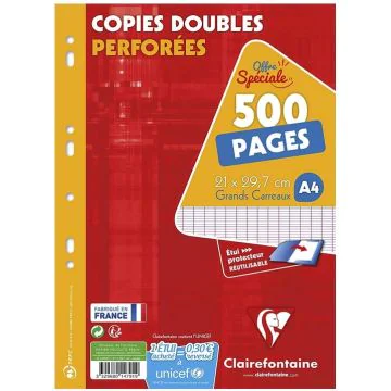 CLAIREFONTAINE 14791C : Lot de 500 pages - Copies doubles perforées Séyès 210 x 297 mm