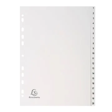 Jeu de 20 Intercalaires numériques en PP blanc - 1 à 20 - 225 x 297 mm EXACOMPTA