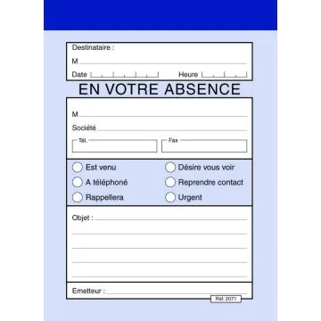 Bloc Message En votre Absence 140 x 105 mm : ELVE 2071