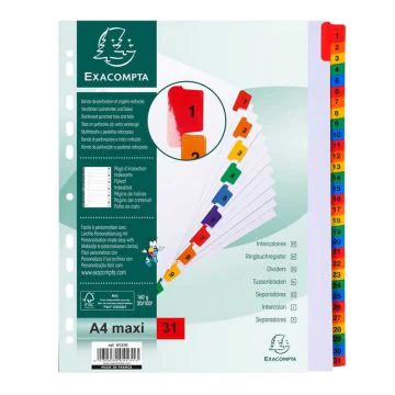 Jeu de 31 Intercalaires numériques avec touches couleurs - 1 à 31 - 245 x 297 mm A4 maxi : EXACOMPTA