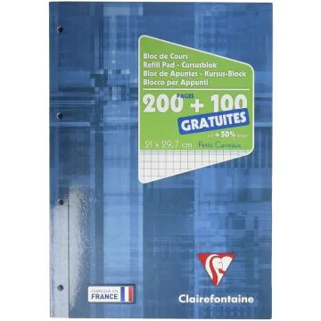 Bloc de Cours Quadrillé et perforé - 210 x 297 mm - 200 pages : CLAIREFONTAINE Photo