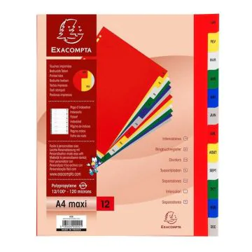 Jeu de 12 Intercalaires mensuels PP - Janvier à décembre - 245 x 297 mm EXACOMPTA
