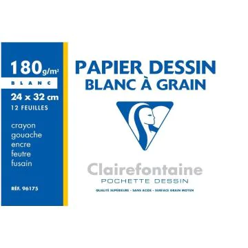 12 feuilles de papier dessin à grain 180 g/m² - 240 x 320 mm - Blanc CLAIREFONTAINE