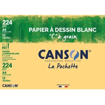 Pochette de 12 feuilles de Papier à dessin C à grain 224 g - Blanc - A4 : CANSON Visuel