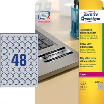 Étiquettes adhésives de Signalisation - Diamètre 30 mm - Argent : AVERY Lot de 960 Image