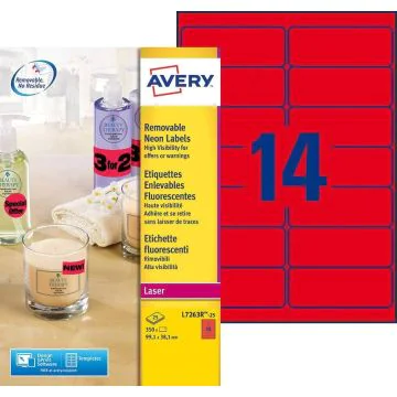 AVERY Etiquettes amovibles - Rouge fluorescent - 99,1 x 38,1 mm - L7263R25