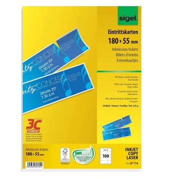 Carton pour impression de Billets d' Entrée - 180 x 55 mm - Blanc -SIGEL image