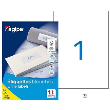 AGIPA : Étiquettes adhésives blanches multi-usages 210 x 297 mm - 119004