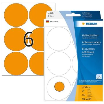 Photo HERMA : Lot de 144 étiquettes adhésives rondes 2284 - 50,0  mm - Orange fluo