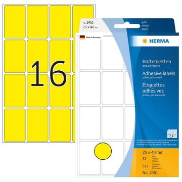 Photo HERMA 2451 : Lot de 512 étiquettes - 25,0 x 40,0 mm - Jaune