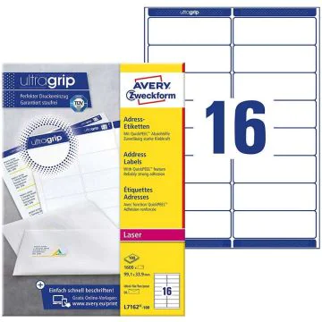 Photo Étiquettes adresses - 99,1 x 33,9 mm Lot de 1600 AVERY L7162-100.FR