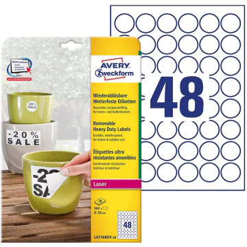 photo Étiquette ronde ultra résistante amovible 30 mm L4716REV-20 AVERY Lot de 960