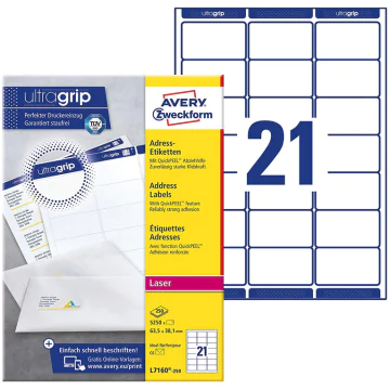 Photo Étiquettes adresses - 63,5 x 38,1 mm Lot de 5250 AVERY L7160-250.FR