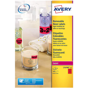 Photo Étiquettes rondes amovibles - Rouge fluorescent - 63,5 mm AVERY L7670R25