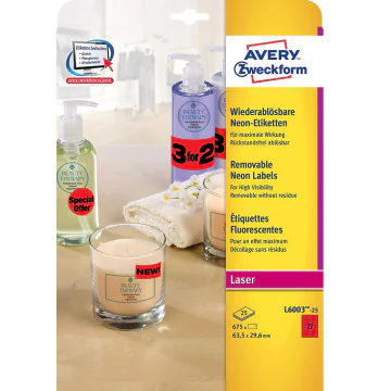 Photo Étiquettes amovibles - Rouge fluorescent - 63,5 x 29,6 mm AVERY L600325 