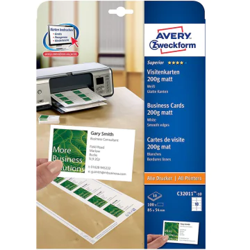 Image Carte de visite blanche - 200 g - 85 x 54 mm AVERY Quick et Clean