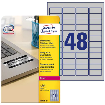 Photo Étiquettes adhésives de signalisation - Argent - 45,7 x 21,2 mm AVERY L6009-20