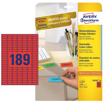 Photo Mini-Étiquettes - 25,4 x 10 mm - Rouge AVERY Lot de 3780