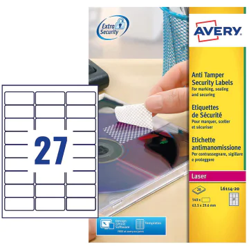 Photo Étiquettes adhésives de sécurité en film plastifié - Blanc - 63,5 x 29,6 mm AVERY L6114-20