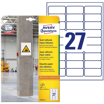 Photo Étiquettes ultra adhésives pour impression - 63,5 x 29,6 mm - Blanc AVERY