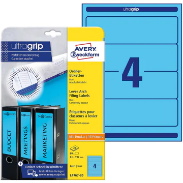 Photo Etiquettes Dos de classeur 61 x 192 mm - Bleu AVERY Lot de 80